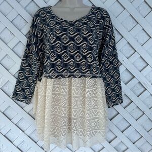 Hem and Thread Tribal Boho Print Top with Lace Hem M/L